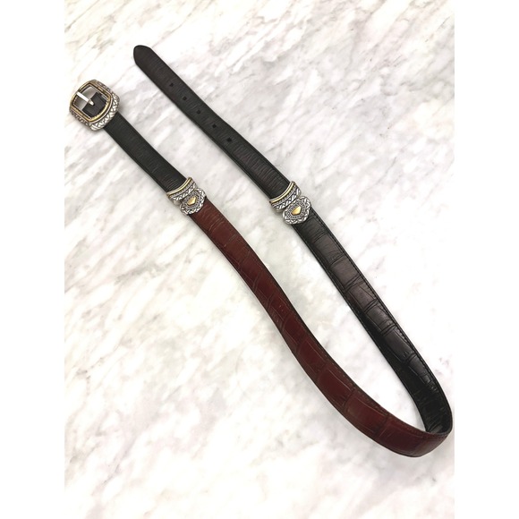 Vintage Reversible Leather Belt Western Silver Gold Hardware Brown/Dark Brown 34 main image 10